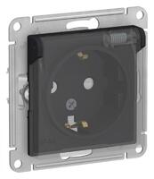 Розетка 1-м СП AtlasDesign Aqua 16А IP44 с заземл. защ. шторки с прозр. крышкой механизм карбон SE ATN441046 - УПС инжиниринг